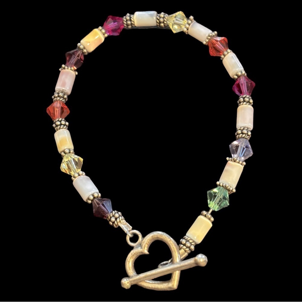 Sterling silver mother of pearl glass crystal beaded toggle bracelet